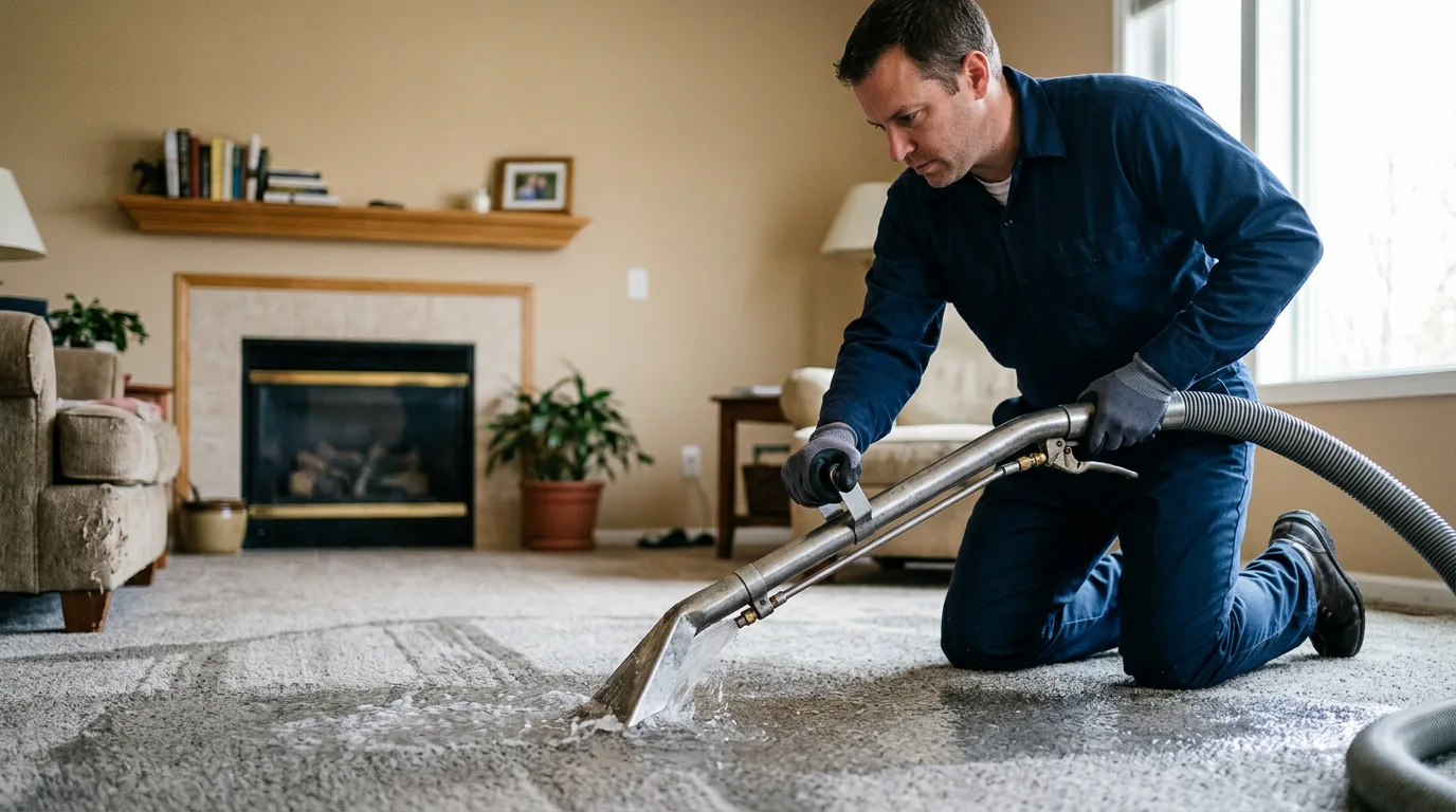 Water damage restoration technician working in a home in New York